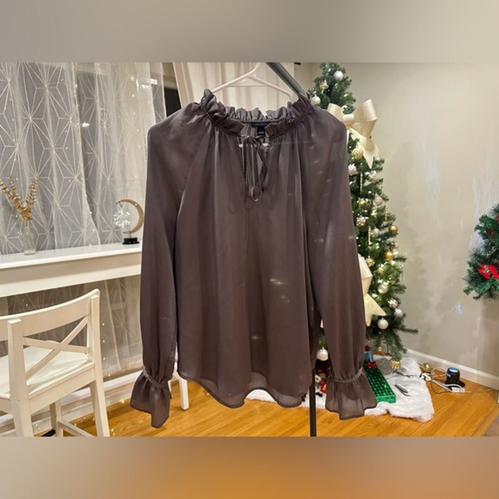 Ann Taylor Twilight Whisper: Smoky Taupe Sheer Blouse with Tie-Neck Detail
